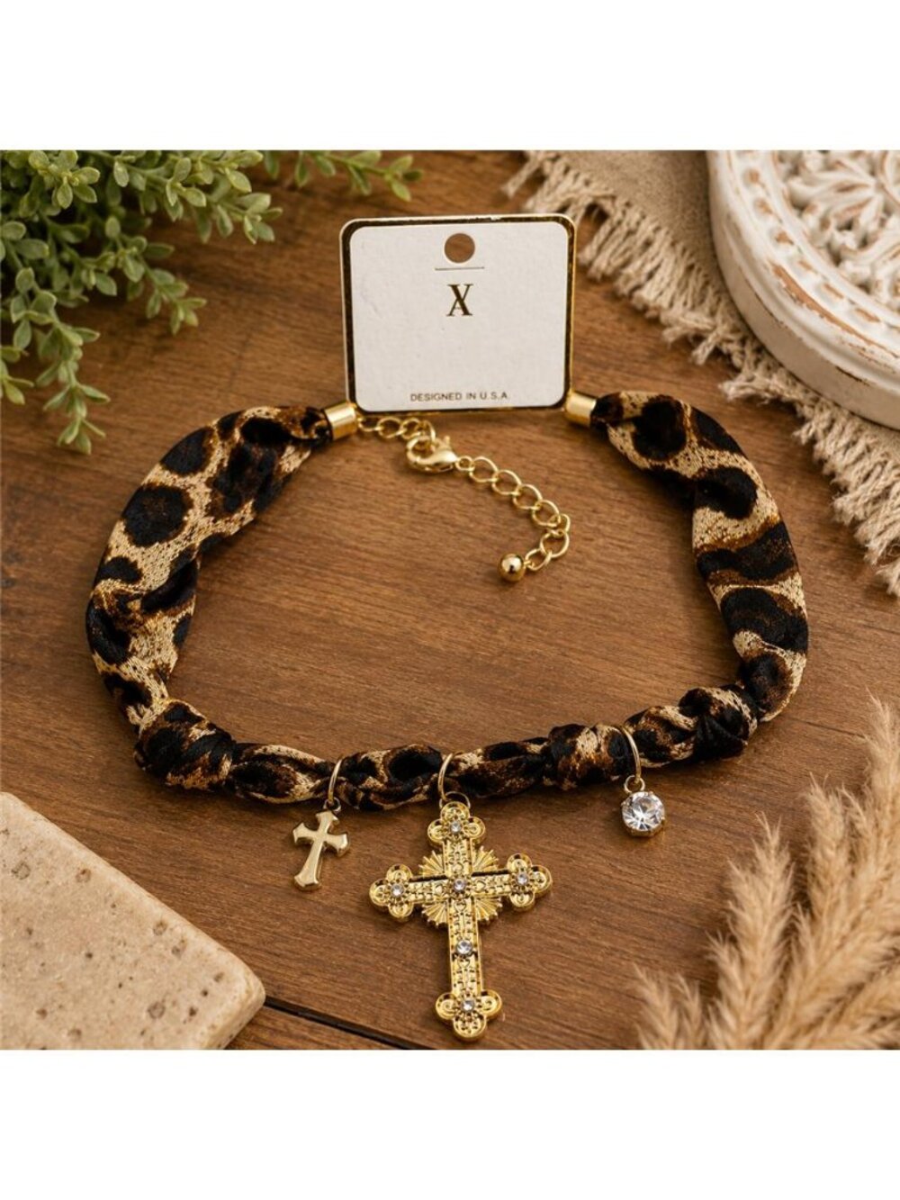 Josslyn Leopard Bandana Charm Necklace Gold Cross Rhinestone 21 In NWT